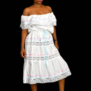 Mexican Campesino Peasant Dress White Embroidery Lace Ribbon Ties Pastel One Size