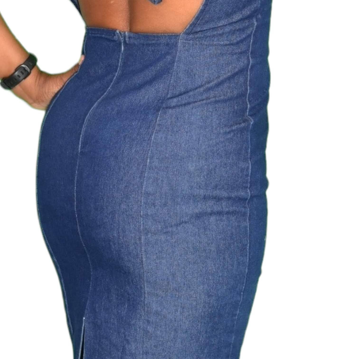 Vintage Guess Denim Dress Blue Jean Bodycon Pencil Halter Low Back Ties Size Small