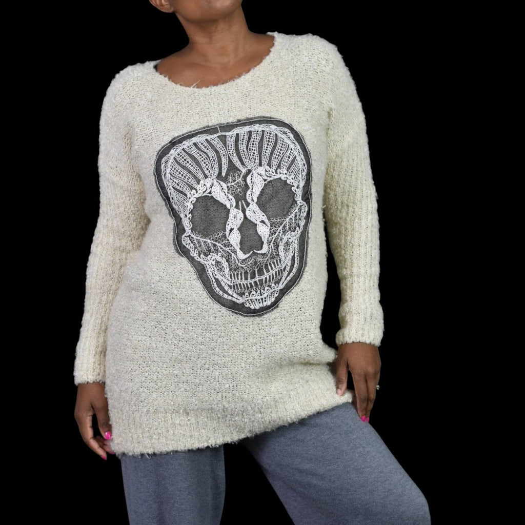 Bodyline Skull Sweater Cream White Embroidered Mesh Applique Crochet Lace Size Large