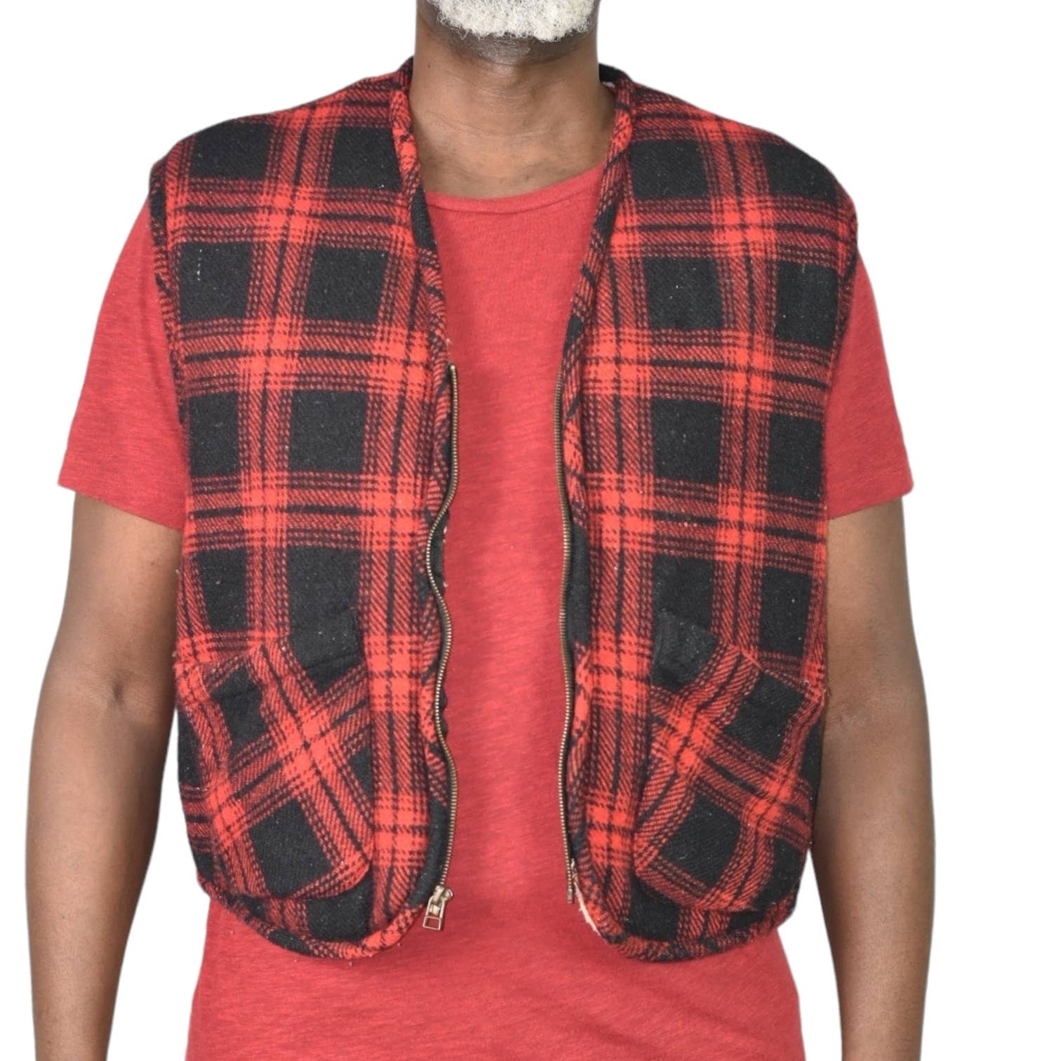 Vintage Flannel Vest Red Buffalo Plaid Sherpa Zip Front Fleece Wool Retro Size Large