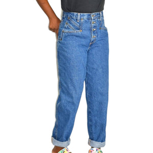 Vintage Zena Jeans Blue Button Fly Barrel Leg Baggy Rigid Cotton High Waist Size 27