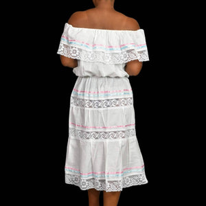 Mexican Campesino Peasant Dress White Embroidery Lace Ribbon Ties Pastel One Size