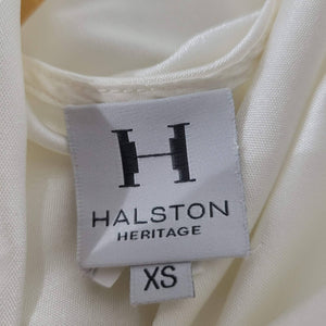 Halston Heritage Mini Dress White Silky Satin Shiny Jersey Ruched Plunging Size XS