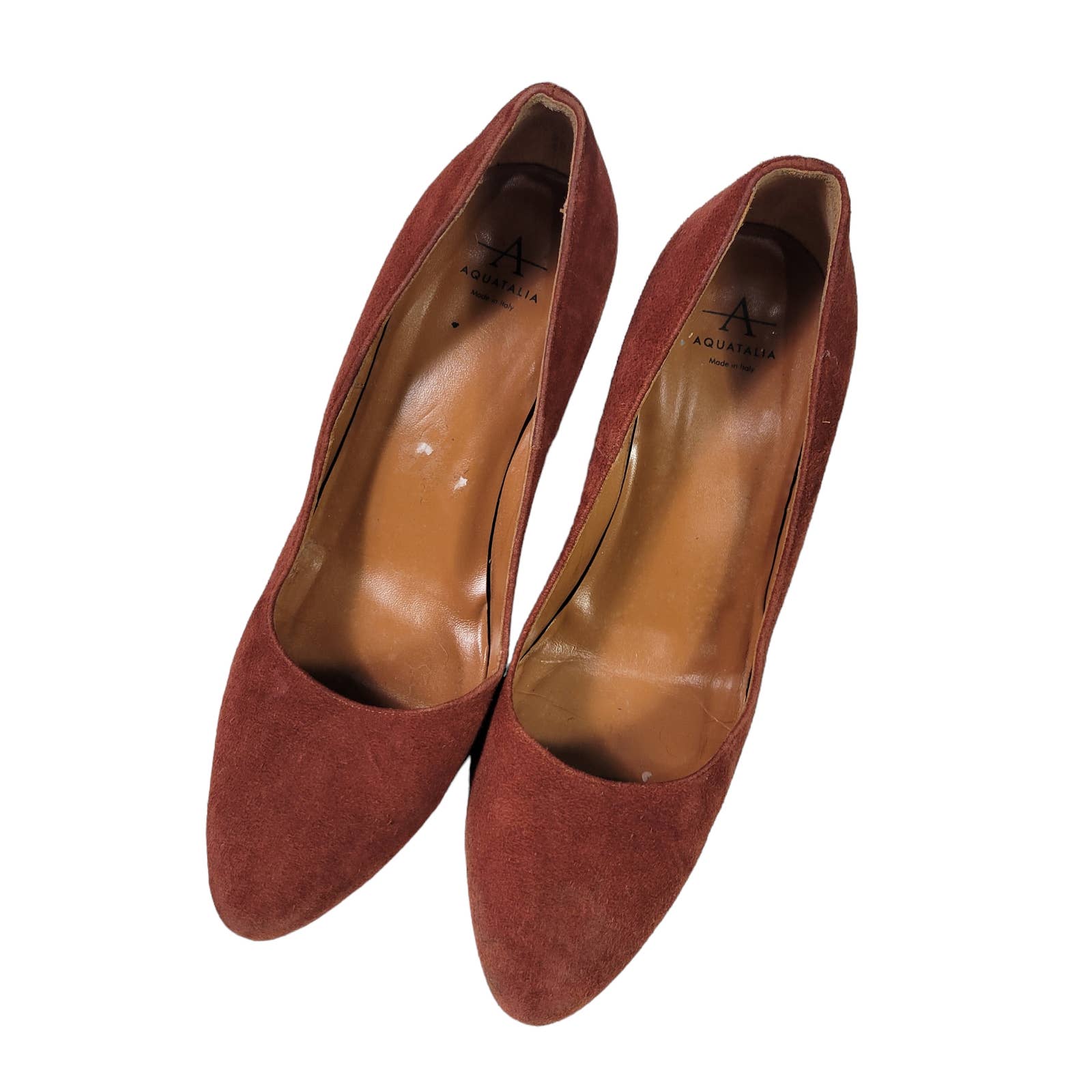 Aquatalia Neely Suede Heels Brown Leather Block Almond Semi Pointed Toe Italy Size 7
