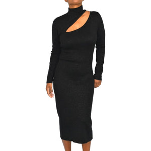 Opt Gertie Knit Sweater Dress Black Turtleneck SweaterDress Shimmer Knit Midi Column Cutout Size Small