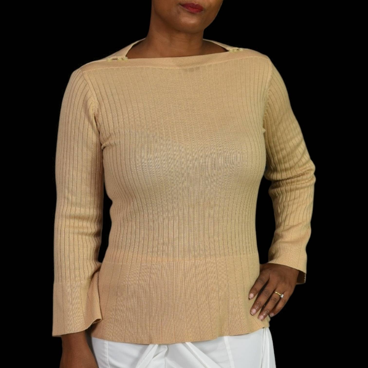 Vintage Daddys Money Ribbed Sweater Tan Camel Bell Sleeve Boat Neck Knit Size Medium
