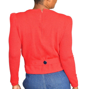 Vintage St John Top Red Sweater Santana Knit Shoulder Pads Puff Sleeve Marie Gray Size 4