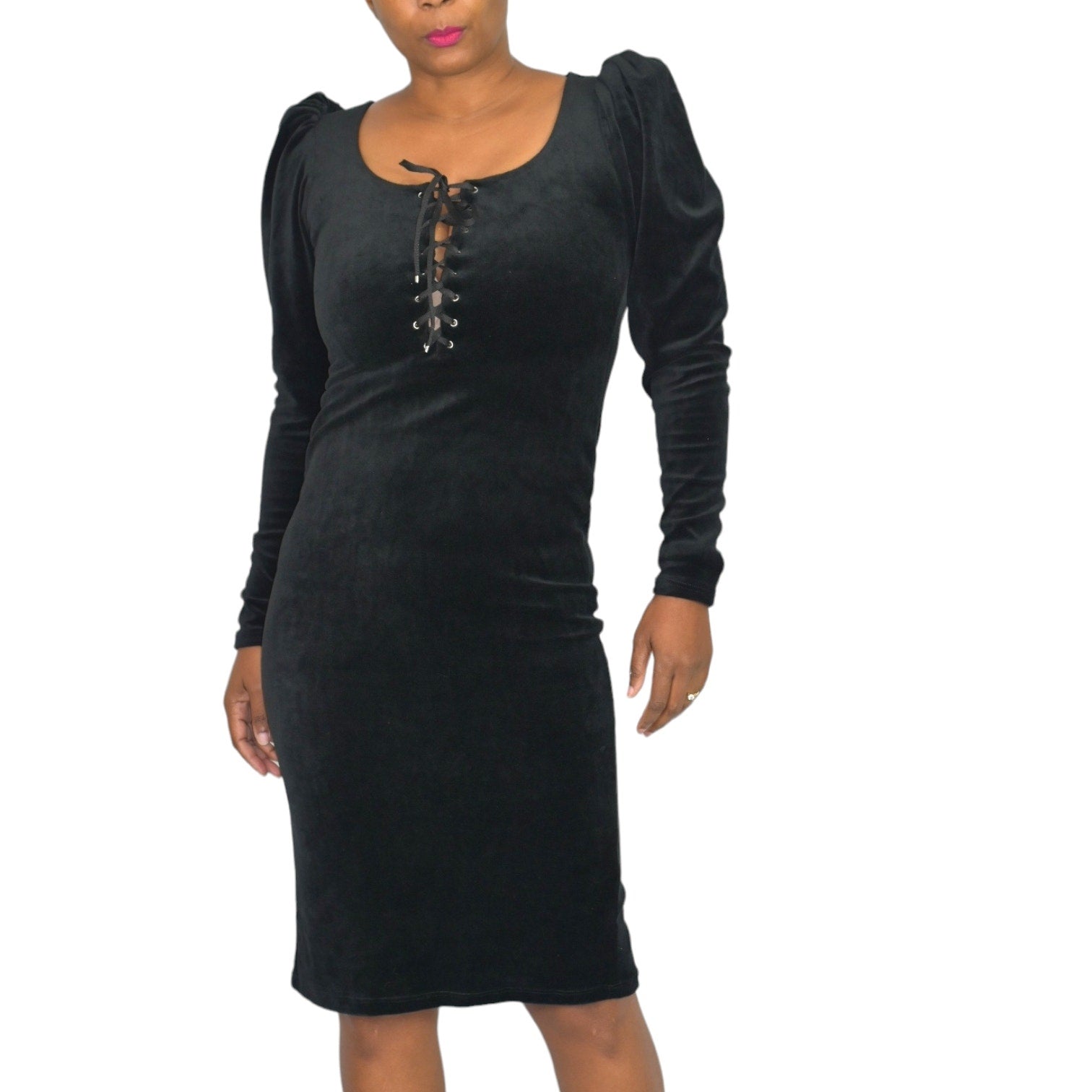 La Femme En Noir Sleepy Hollow Gothic Tales Dress Black Wiggle Velour Bodycon Puff Sleeve Size XS