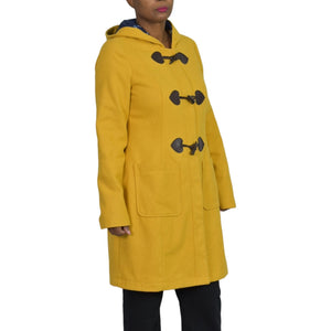 Modcloth Theatre Greeting Coat Mustard Yellow Saffron Hooded Toggle Wool Heart Peacoat Size Medium
