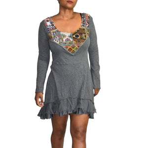 Johnny Was Tunic Dress Gray Patchwork Embroidery Tiered 4 Love and Liberty Small