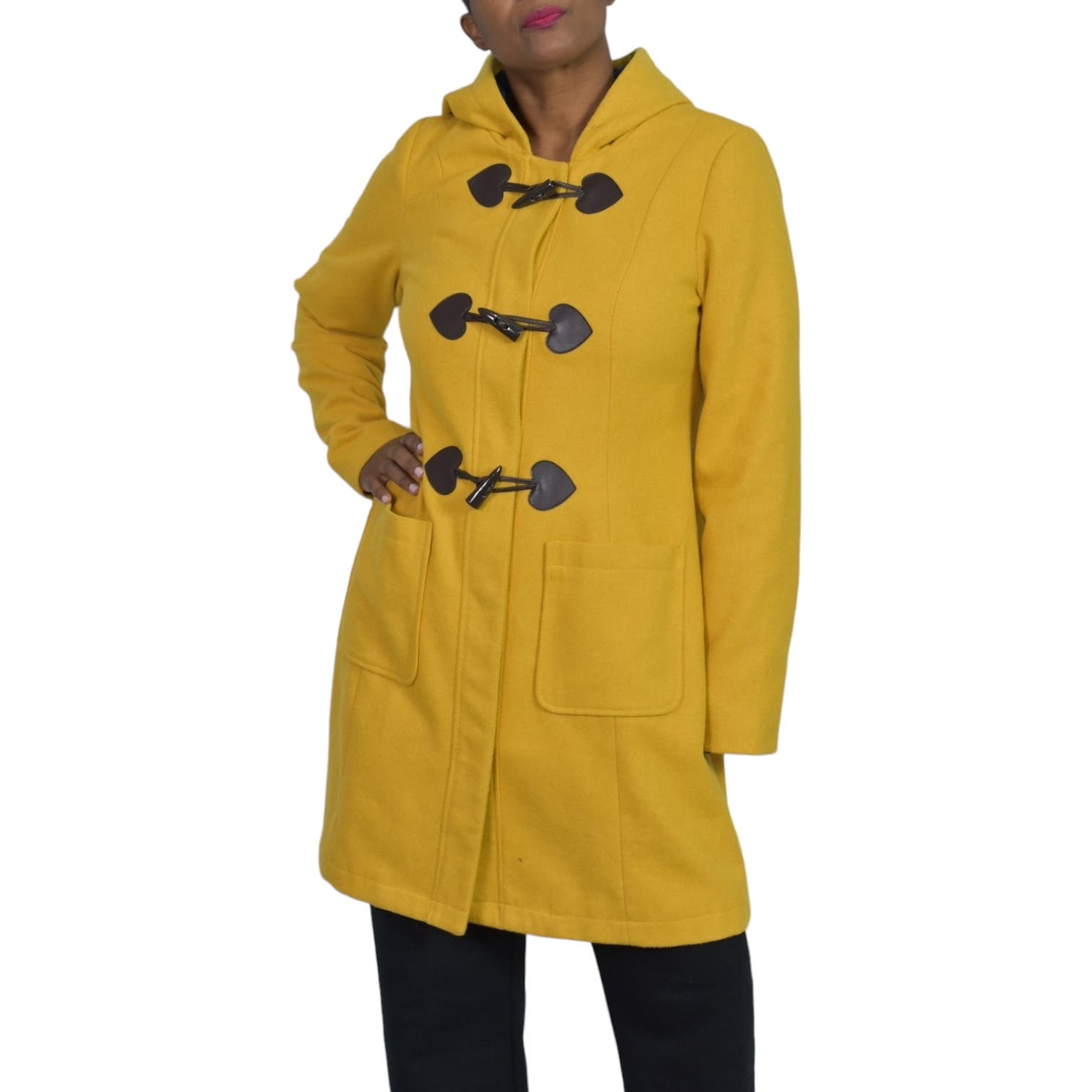 Modcloth Theatre Greeting Coat Mustard Yellow Saffron Hooded Toggle Wool Heart Peacoat Size Medium