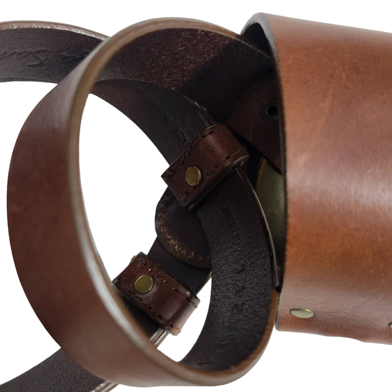 Olga Santini Leather Belt Brown Bar Ring Hip Equestrian Brass Tone Buckle Size Large