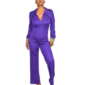 Vintage Purple Jumpsuit Bell Bottom Flare 70s Butterfly Collar Retro Polyester Size Small