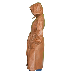 Leather Trench Coat Tan Brown Vintage Long Midi Hooded 80s Minimalist Size Small