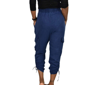 Zara Cargo Pants Blue High Waisted Ruched Crop Jogger Elastic Linen Size Small