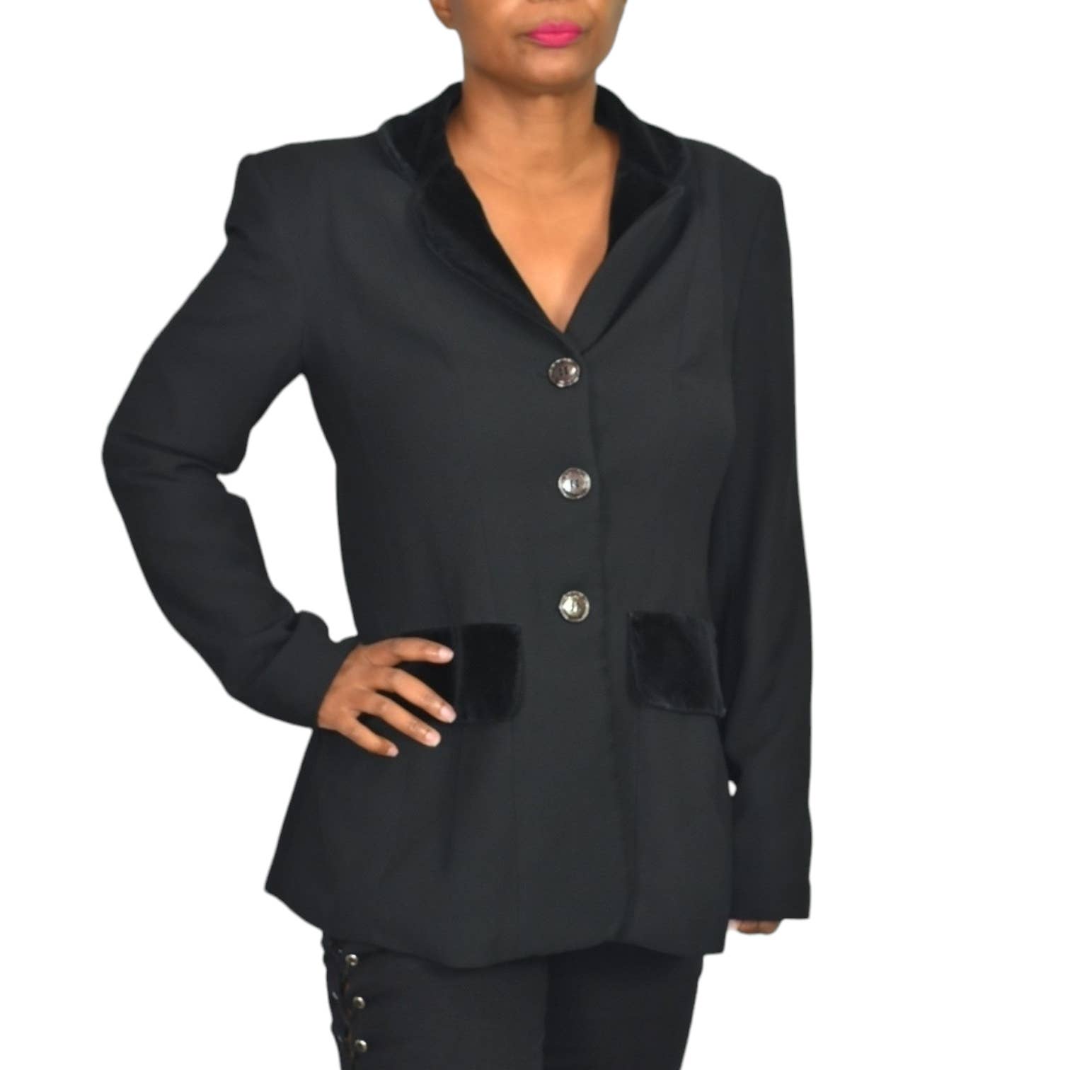 Vintage Sandro Paris Blazer Jacket Black Velvet Pleats Notched Y2K Size Medium