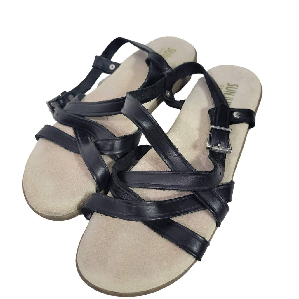 Bass Margie Sunjuns Black Sandals Leather Adjustable Strap Flats Padded Size 5.5