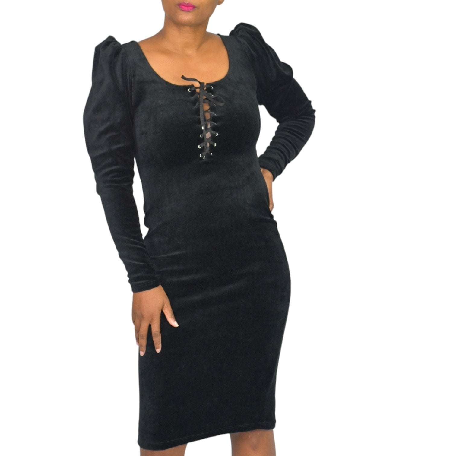 La Femme En Noir Sleepy Hollow Gothic Tales Dress Black Wiggle Velour Bodycon Puff Sleeve Size XS