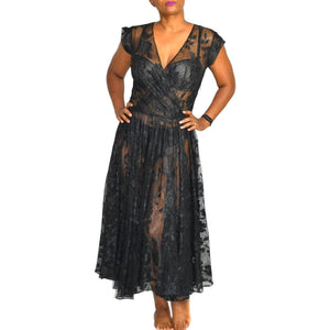 Vintage Sheer Lace Dress Black Midi Full Skirt A Line Nylon Mesh Crochet Penta Size 4
