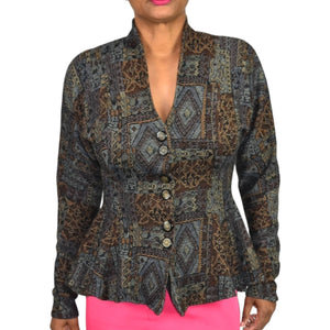 Vintage All That Jazz Jacket Black Tapestry Peplum Geometric Printed Blazer Knit Size Medium