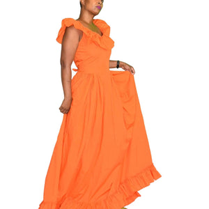 Vintage Costume Maxi Dress Orange Tangerine Prairie Ruffle Neck Sweeping Princess Size Large