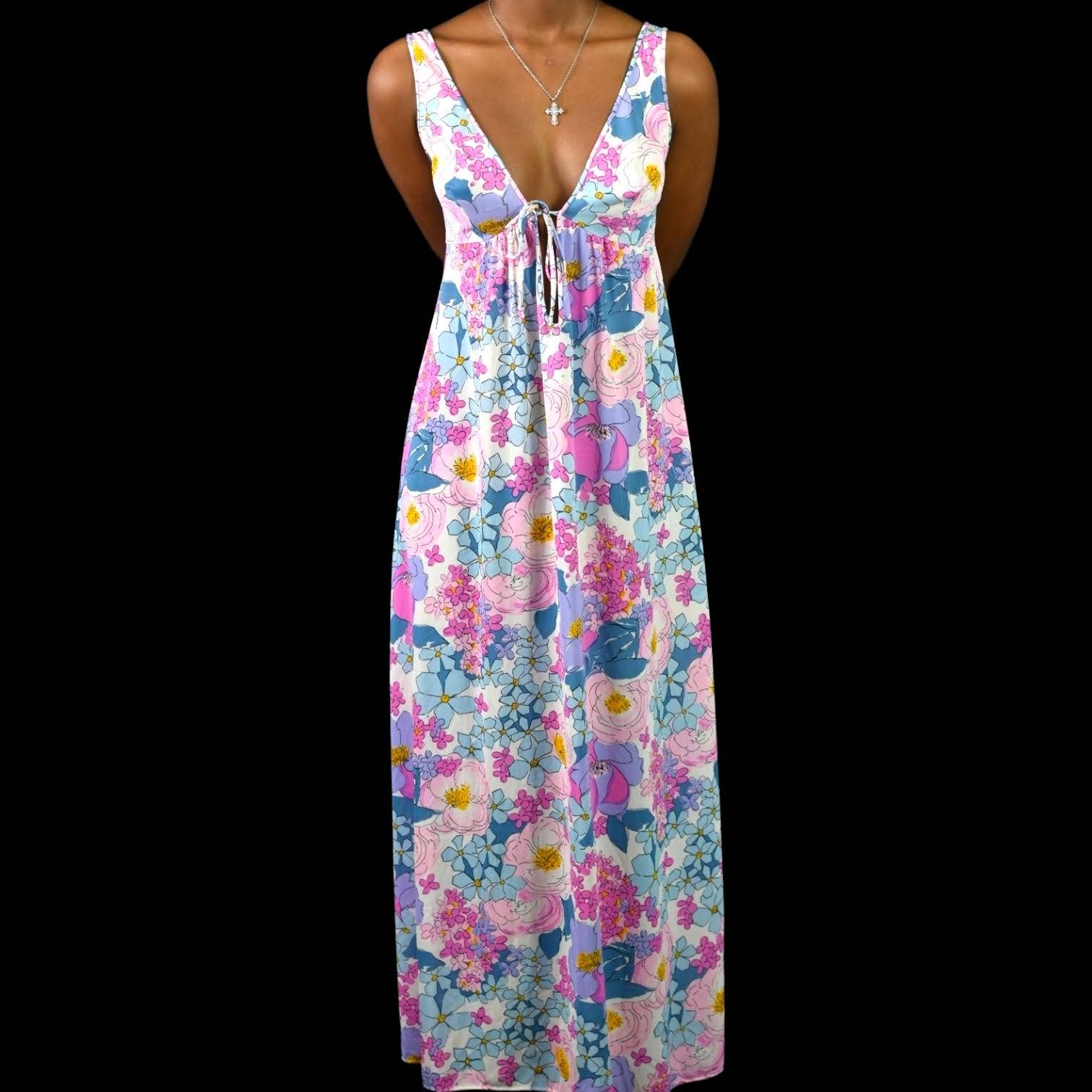 Vintage 70s Floral Nightgown Pink Flower Maxi Gown Column Plunging Long Size XXS