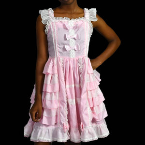 Pink Lolita Dress Coquette Frilly Laced Back Bows Square Neck Sleeveless Cute Sweet Tiered Ribbons Size Small