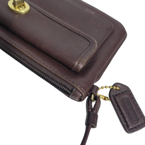 Coach Wristlet Dark Brown Leather Wallet Turnlock Pouch Wrist Strap Rectangle