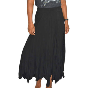 Vintage Handkerchief Hem Skirt Black Midi Crinkled Stretch Jersey Swingy Size Large