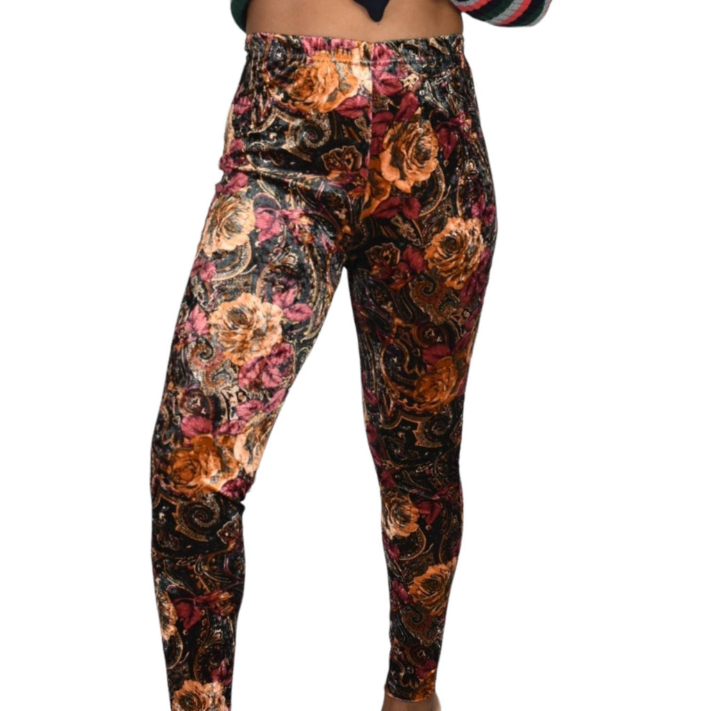 Vintage Floral Leggings Brown Velvet Betty Blue High Rise 90s Retro Pants Size Small