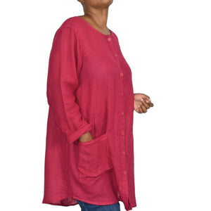 Flax Tunic Shirt Red Pocket Button Front Up Down Long Sleeve Linen Blend Size Small