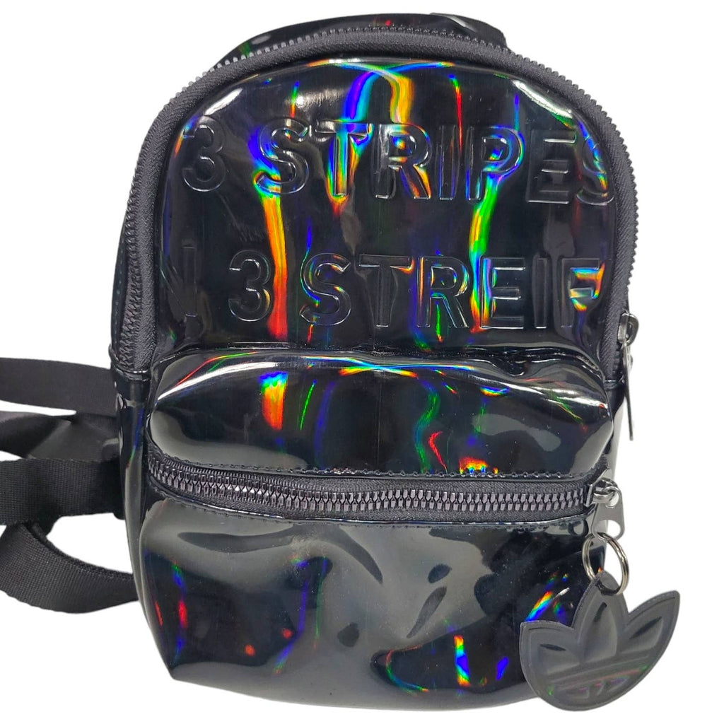 Adidas Mini Backpack Black Holographic Iridescent Logo Rainbow Compact Zippered