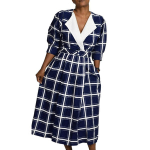 Vintage Lanz Originals Midi Dress Blue Windowpane Check Print 80s Retro Size 6