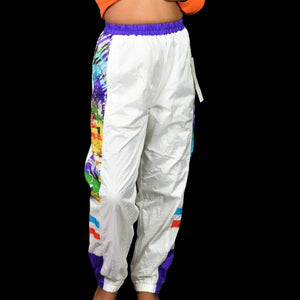 Vintage East West Nylon Track Pants White Abstract Print 90s Colorblock Joggers Size Small