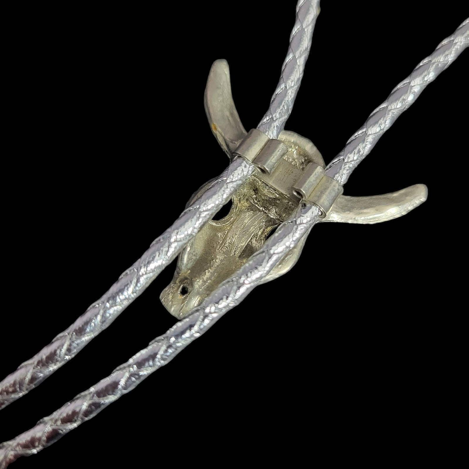 Bull Skull Bolo Tie Silver Braided Lariat Necklace Western Steer Cowboy Longhorn Corded Unisex