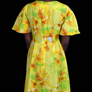 Vintage Royal Hawaiian Dress Yellow Maxi Tiki A Line Bohemian 70s Tropical Size XXS