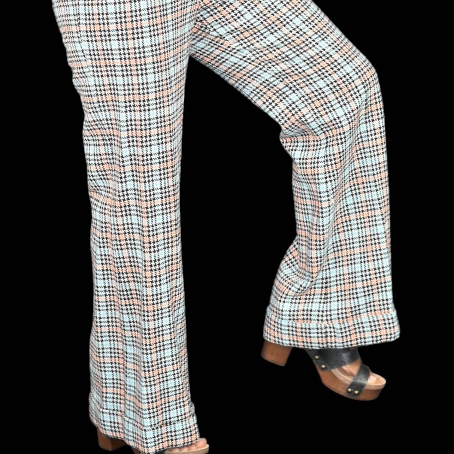Vintage JCP Plaid Pants Blue Houndstooth Penneys Cuffed Flare Bell Bottoms Trousers 70s Wide Leg High Waist Size 4 27