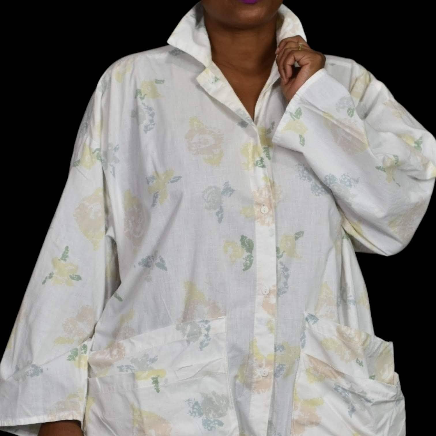 Vintage Floral Button Front Dress White Homemade Cotton Oversized Shirtdress One Size