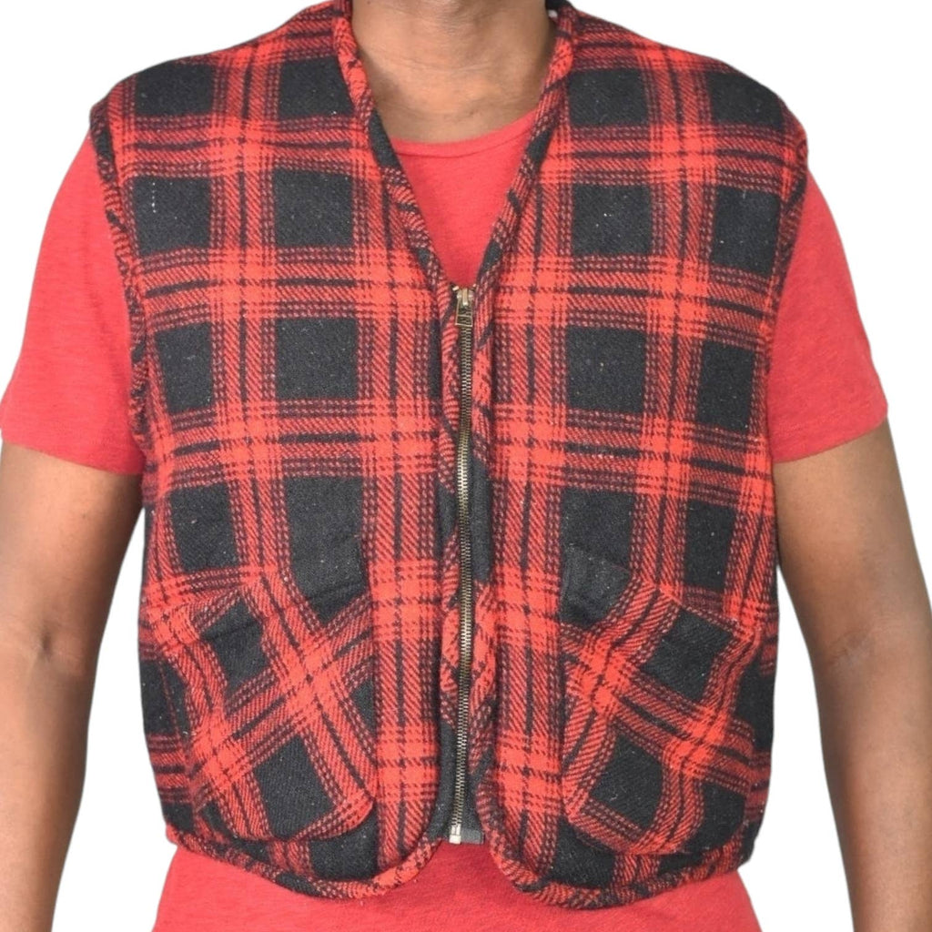 Vintage Flannel Vest Red Buffalo Plaid Sherpa Zip Front Fleece Wool Retro Size Large