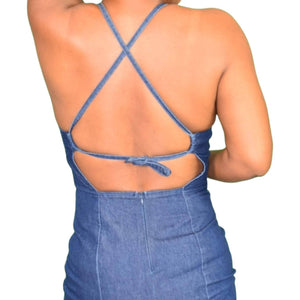 Vintage Guess Denim Dress Blue Jean Bodycon Pencil Halter Low Back Ties Size Small
