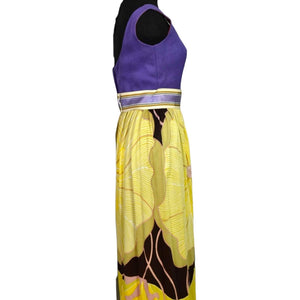 Vintage 70s Maxi Dress Purple Yellow Joseph Brennan Column Straight Linen Print Size XS