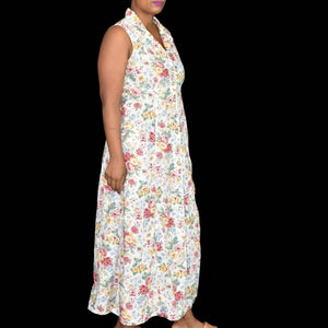 Vintage Lizwear Floral Maxi Dress White Cotton Baby Button Front Sleeveless Size 6