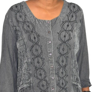Bohemian Blouse Grey Black Indian Rayon Embroidered Hippie Bohemian Size Large