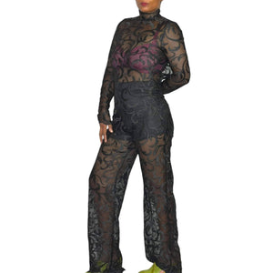 Black Lace Jumpsuit Sheer High Neck Scalloped Mesh Long Sleeves Straight Leg Size XS