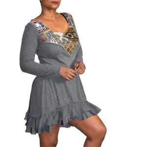 Johnny Was Tunic Dress Gray Patchwork Embroidery Tiered 4 Love and Liberty Small