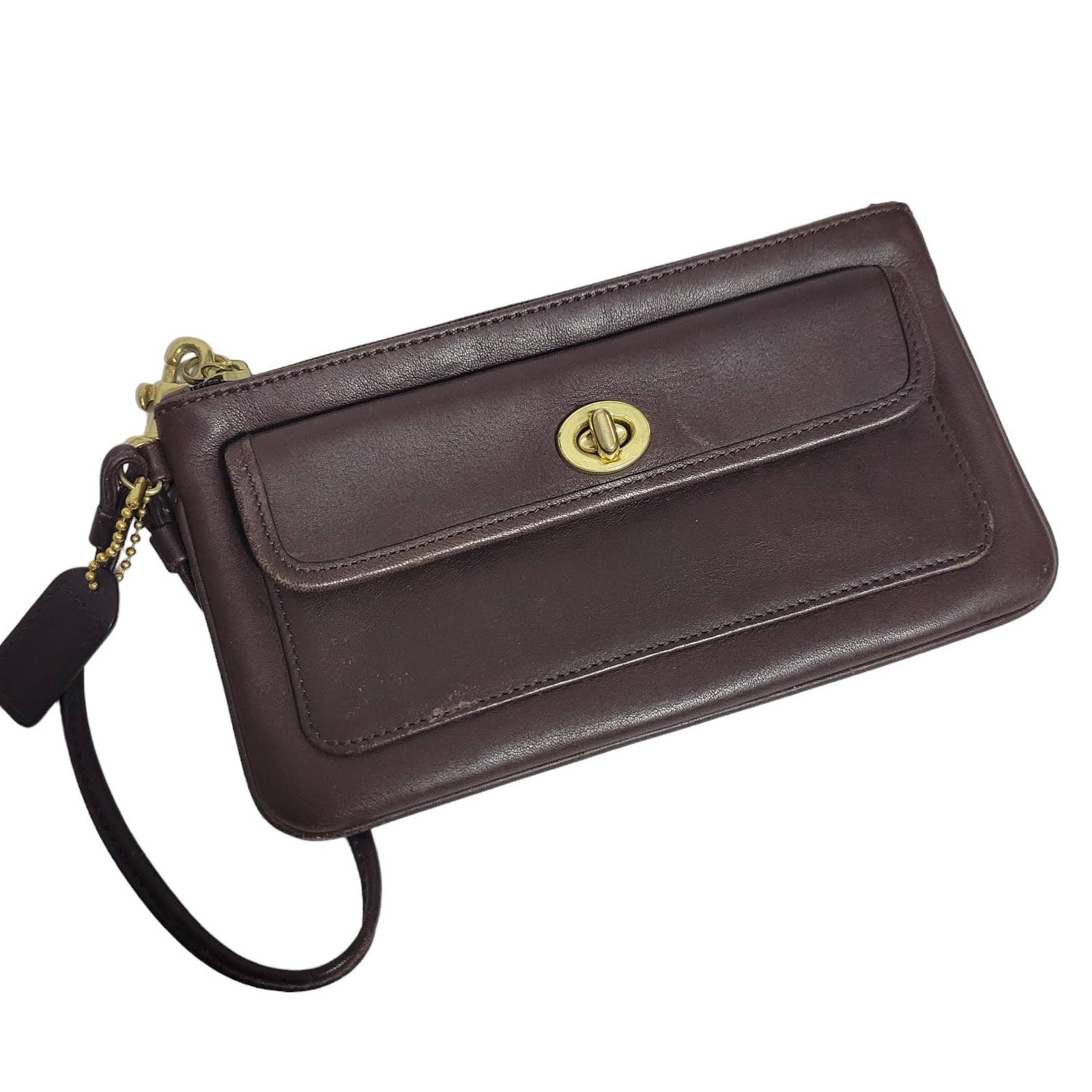 Coach Wristlet Dark Brown Leather Wallet Turnlock Pouch Wrist Strap Rectangle