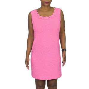 Vintage Boucle Shift Dress Pink Mini Rosettes Sleeveless Knit Mod Textured Size Small
