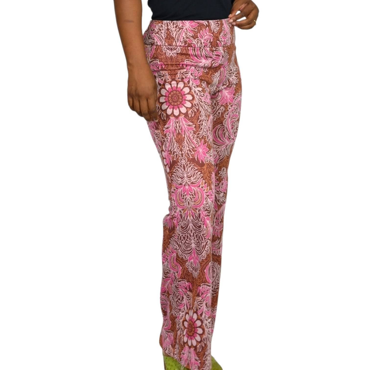 Maeve Maria Pink Pants Knit Paisley Flower Jacquard Metallic Flare Anthropologie Size 6