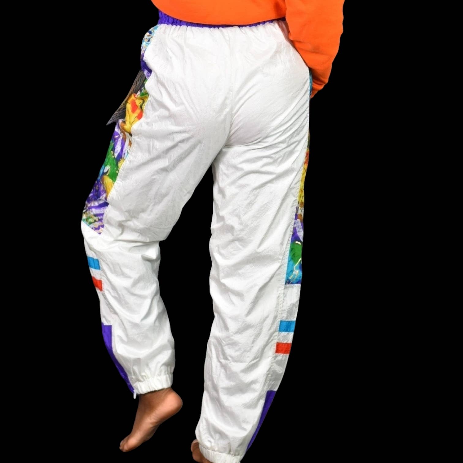 Vintage East West Nylon Track Pants White Abstract Print 90s Colorblock Joggers Size Small