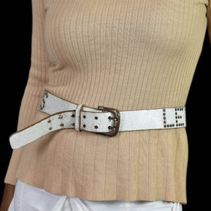 Les Temps Des Cerises White Belt Crackled Leather Studded Branded Double Prong Size Medium